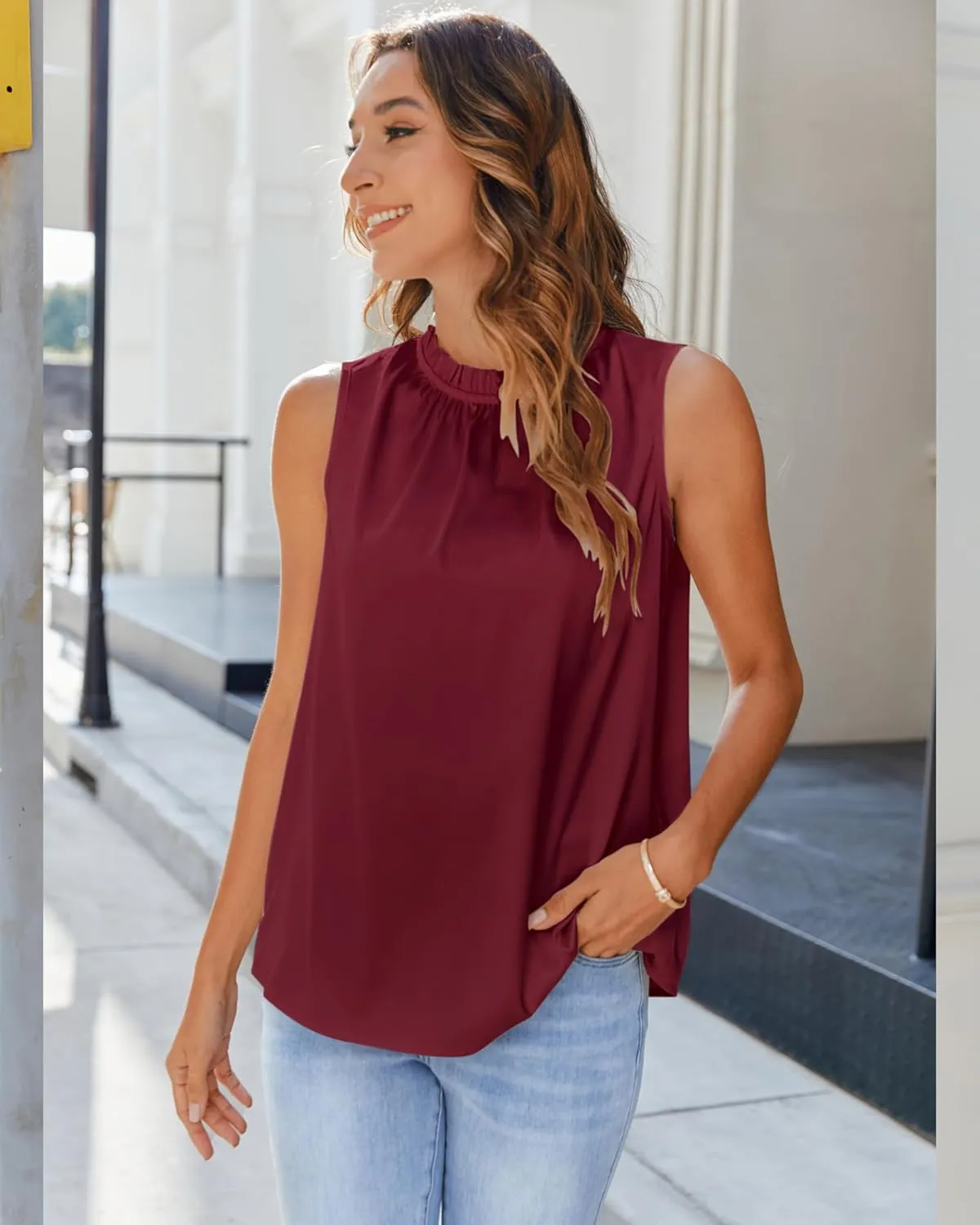 SimpleFun Womens Silk Satin Tank Tops Business Casual Ruffle Trim Mock Neck Sleeveless Summer Blouses Shirts