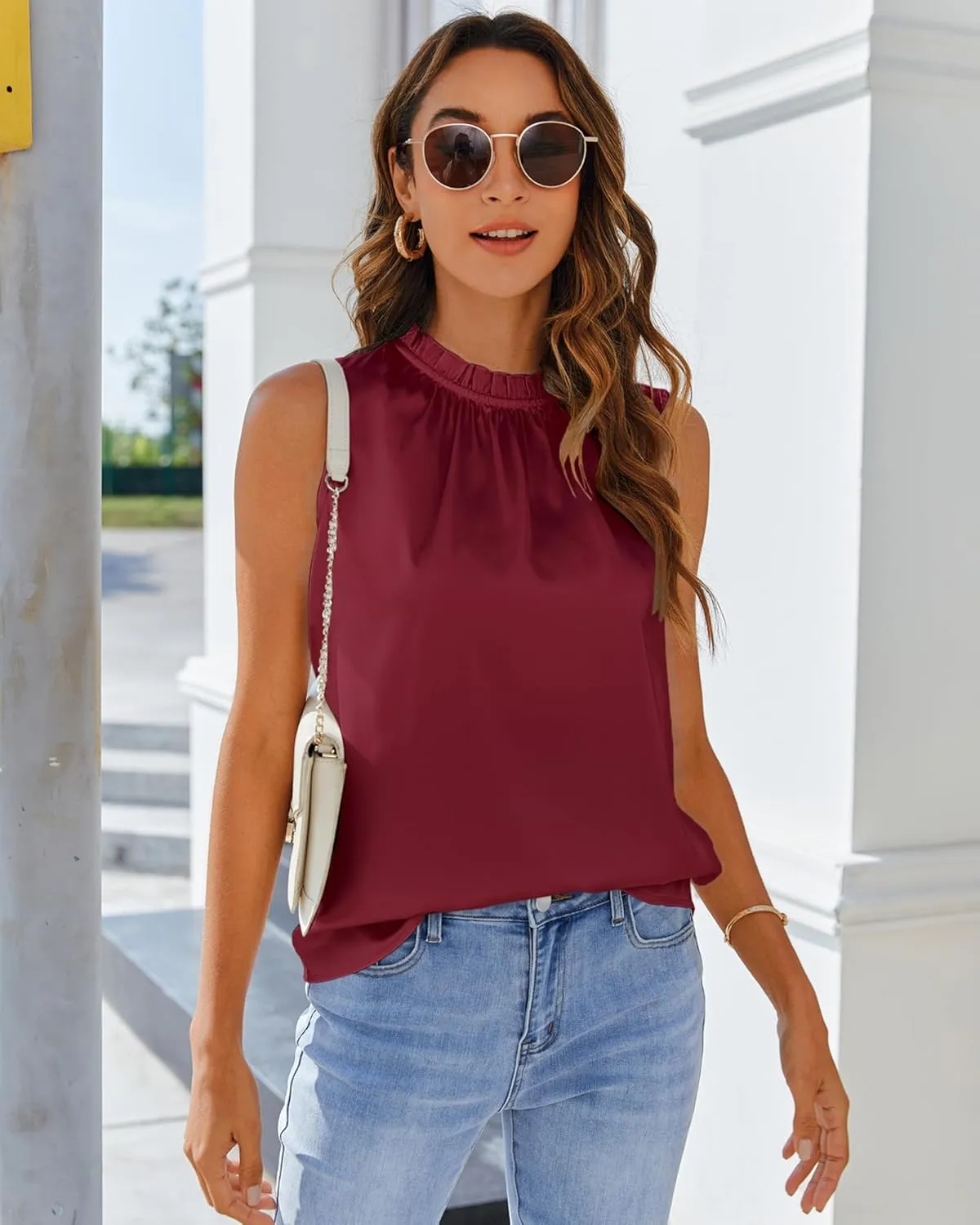 SimpleFun Womens Silk Satin Tank Tops Business Casual Ruffle Trim Mock Neck Sleeveless Summer Blouses Shirts