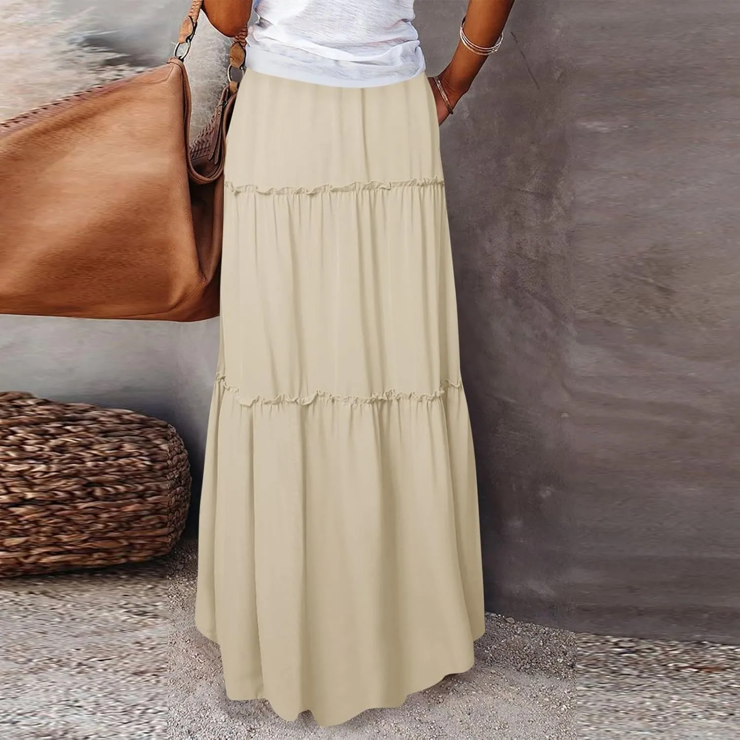 Skirts for Women Summer Flowy Tiered Elastic High Waisted Skirt Vacation Swing Long Solid/Floral Maxi Skirts