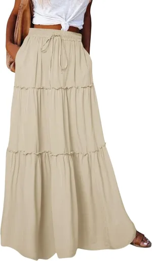 Skirts for Women Summer Flowy Tiered Elastic High Waisted Skirt Vacation Swing Long Solid/Floral Maxi Skirts