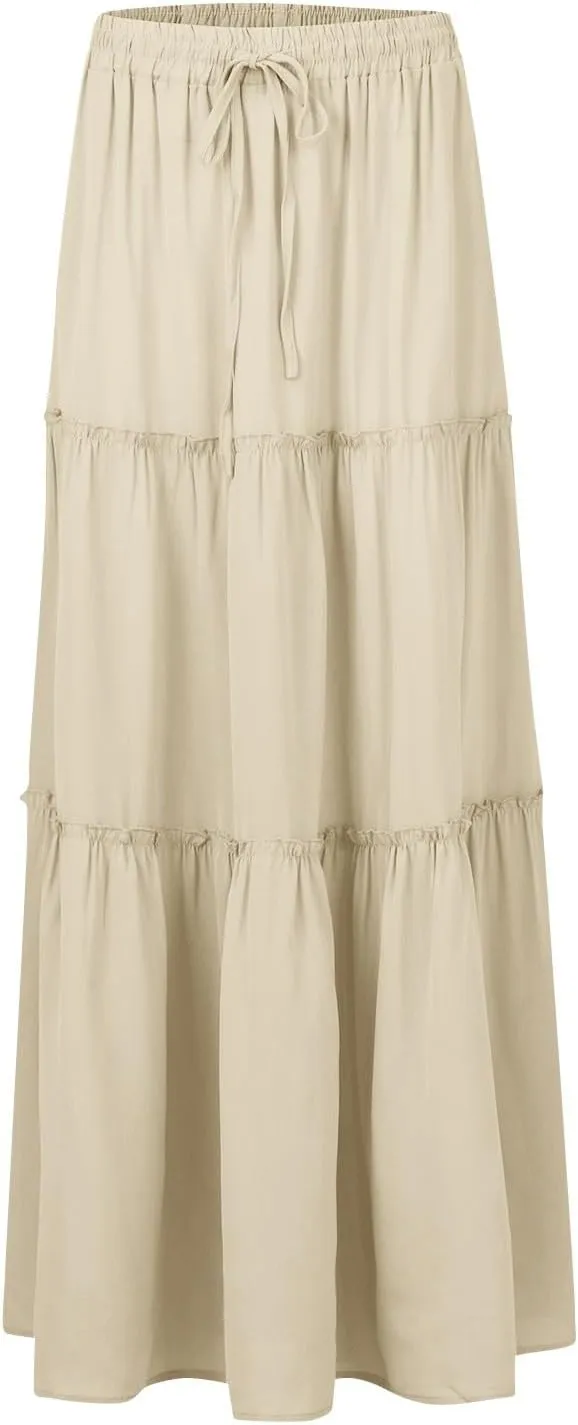 Skirts for Women Summer Flowy Tiered Elastic High Waisted Skirt Vacation Swing Long Solid/Floral Maxi Skirts