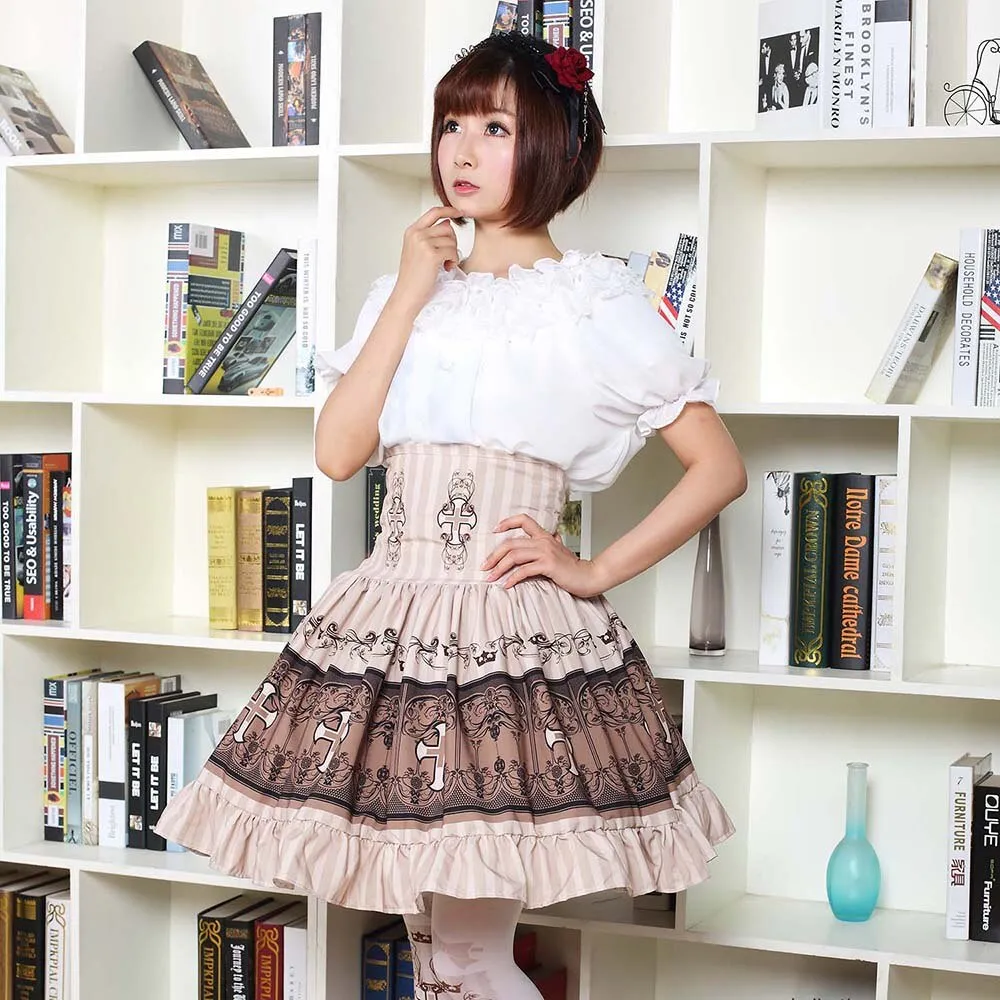 Sweet Mori Girl High Waist Skirt Crown Printed Lolita Short Skirt with Ruffles