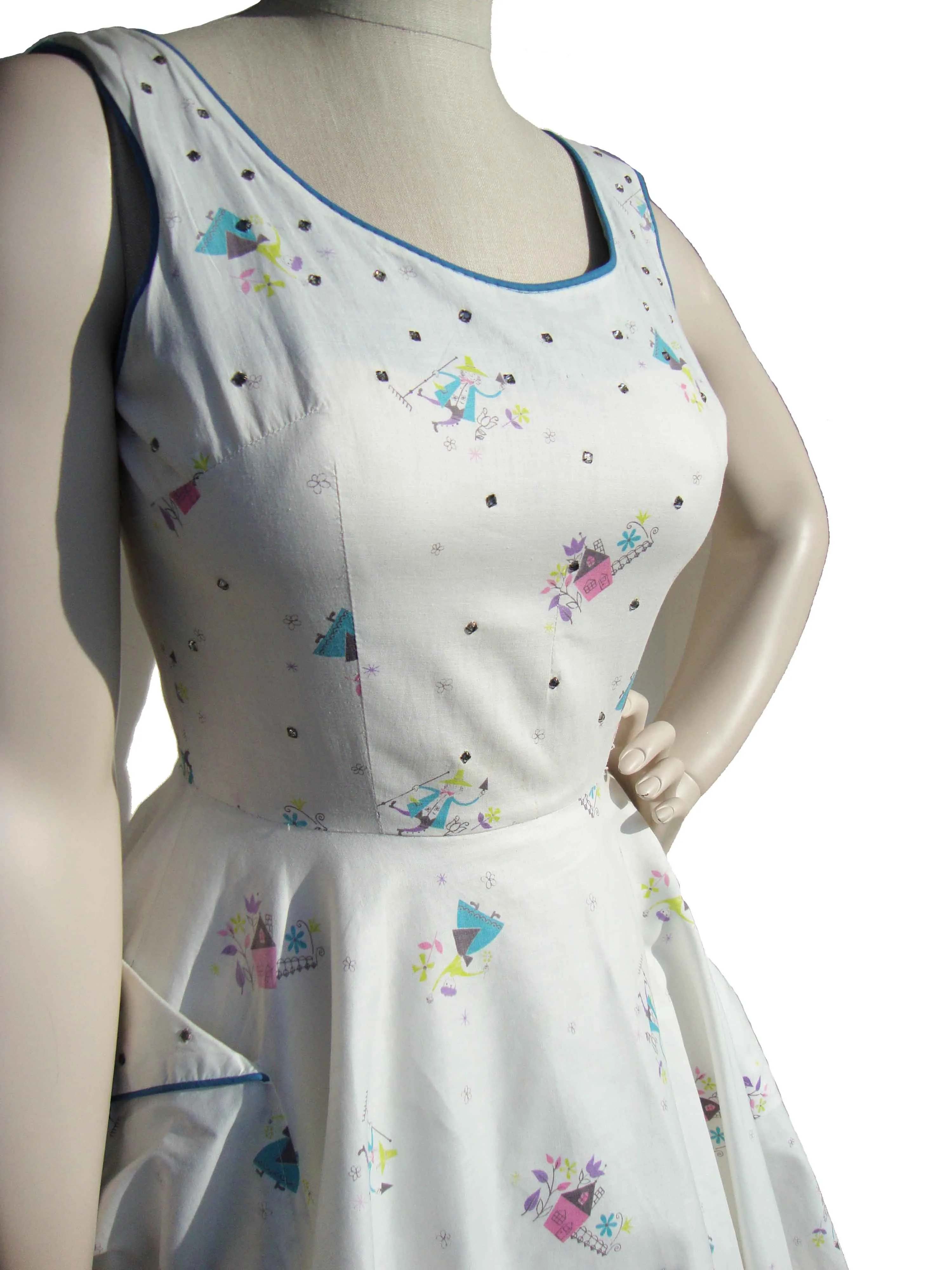 Vintage 50s Dress Novelty Print & Rhinestones Circle Skirt M