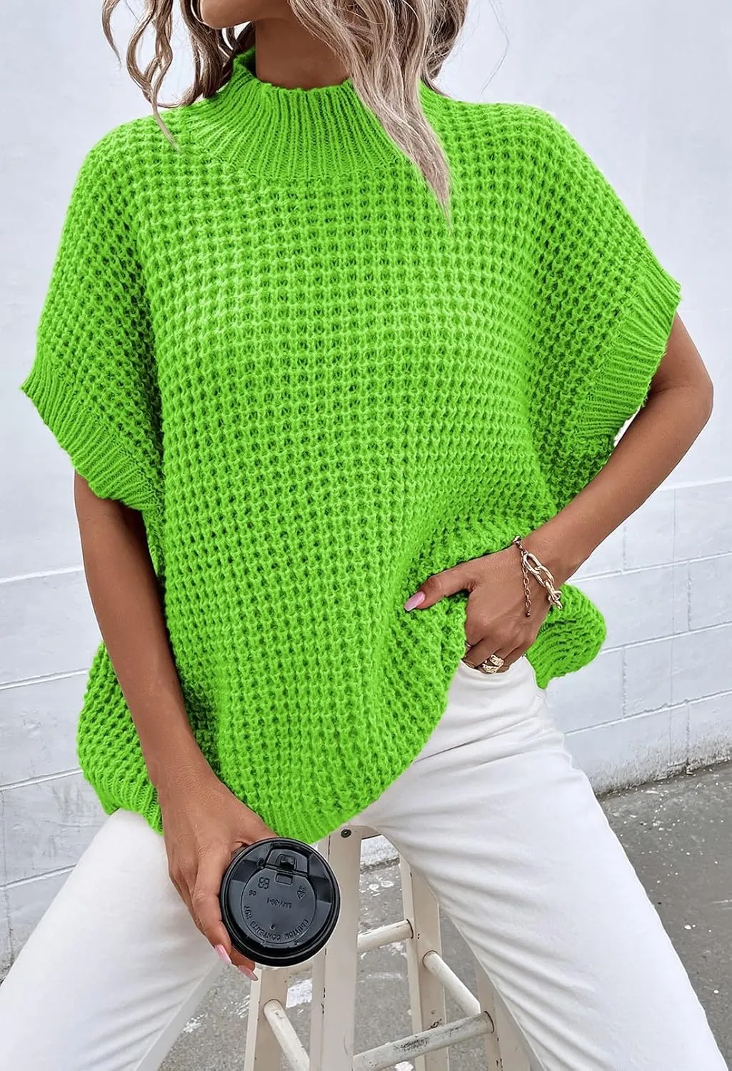 Viottiset Womens Oversized Short Batwing Sleeve Mock Neck Sweater Vest Fall Sleeveless Pullover Knit Sweaters