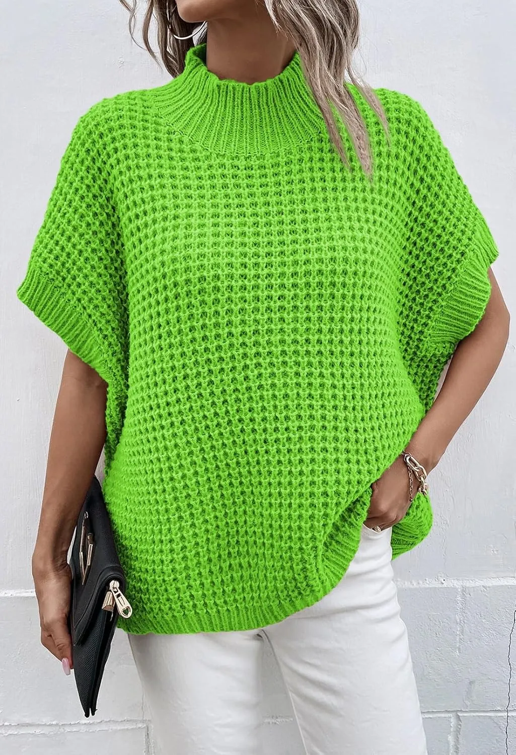 Viottiset Womens Oversized Short Batwing Sleeve Mock Neck Sweater Vest Fall Sleeveless Pullover Knit Sweaters