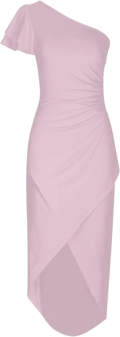 Women 2025 Summer Elegant One Shoulder Cocktail Dress Ruffle Sleeve Wrap Ruched Bodycon Short Party Midi Dresses