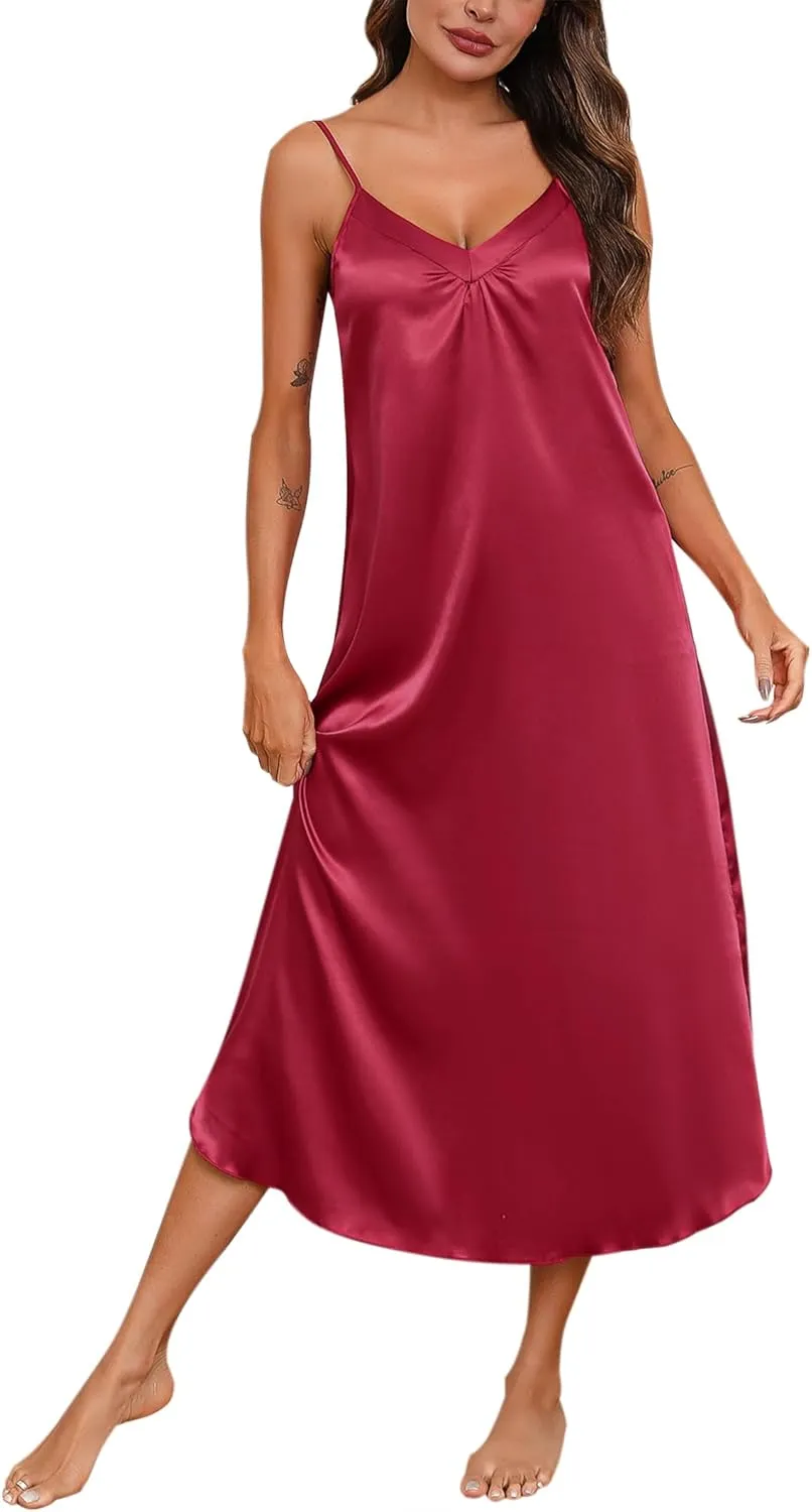 Women Long Satin Nightgown Silk Slip Dress Sexy V Neck Sleepwear Loose Sleeveless Nightshirt