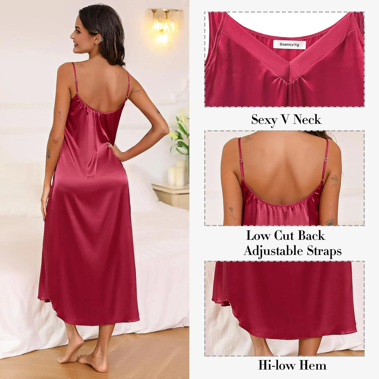 Women Long Satin Nightgown Silk Slip Dress Sexy V Neck Sleepwear Loose Sleeveless Nightshirt