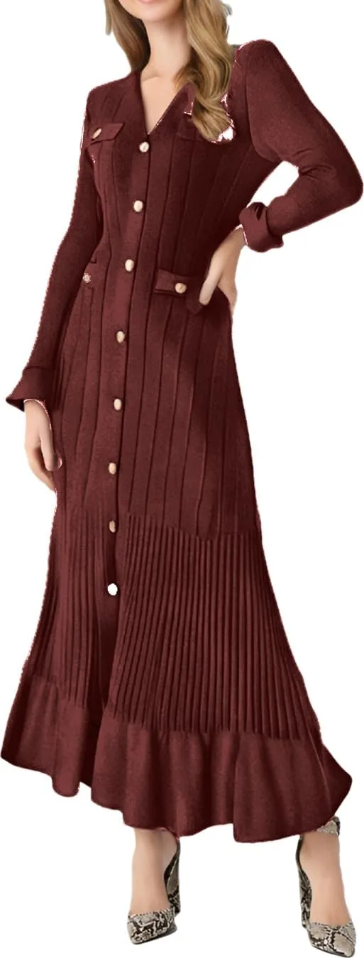 Women Long Sleev Ribbed Knit Dress Button Down Sweater Cardigan Ruffle Sleeve Bodycon Dress Turtleneck Fishtail Dress