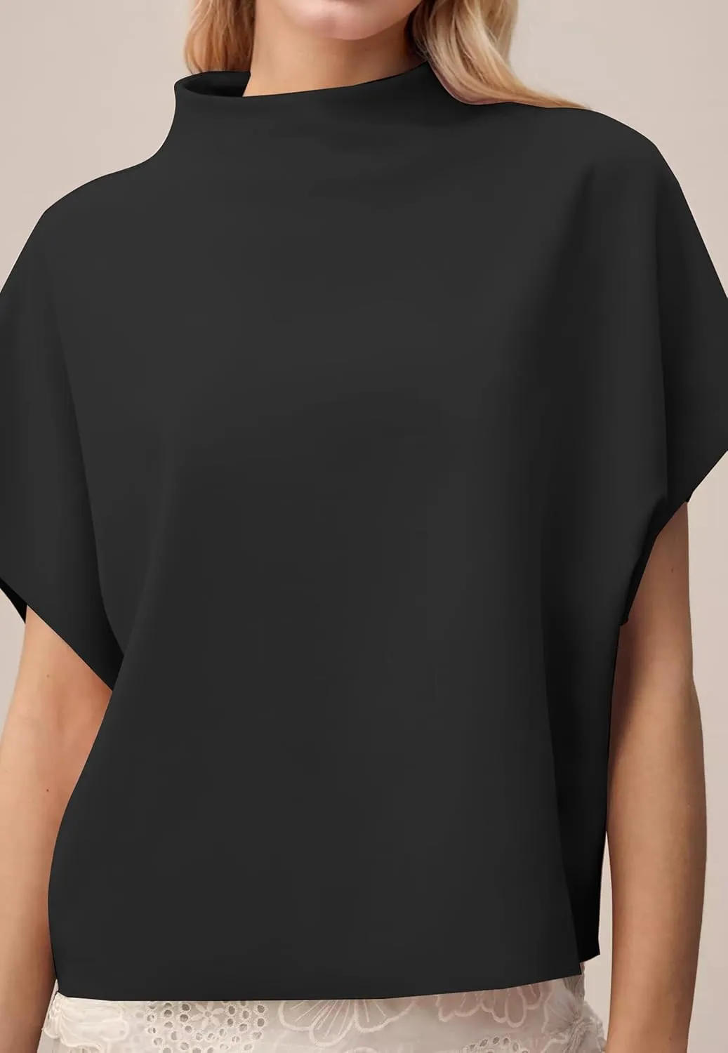 Women Mock Neck Batwing Short Sleeve Loose Tshirt Top Turtle Neck Batwing Sleeve Solid Oversized Tee Shirt Top