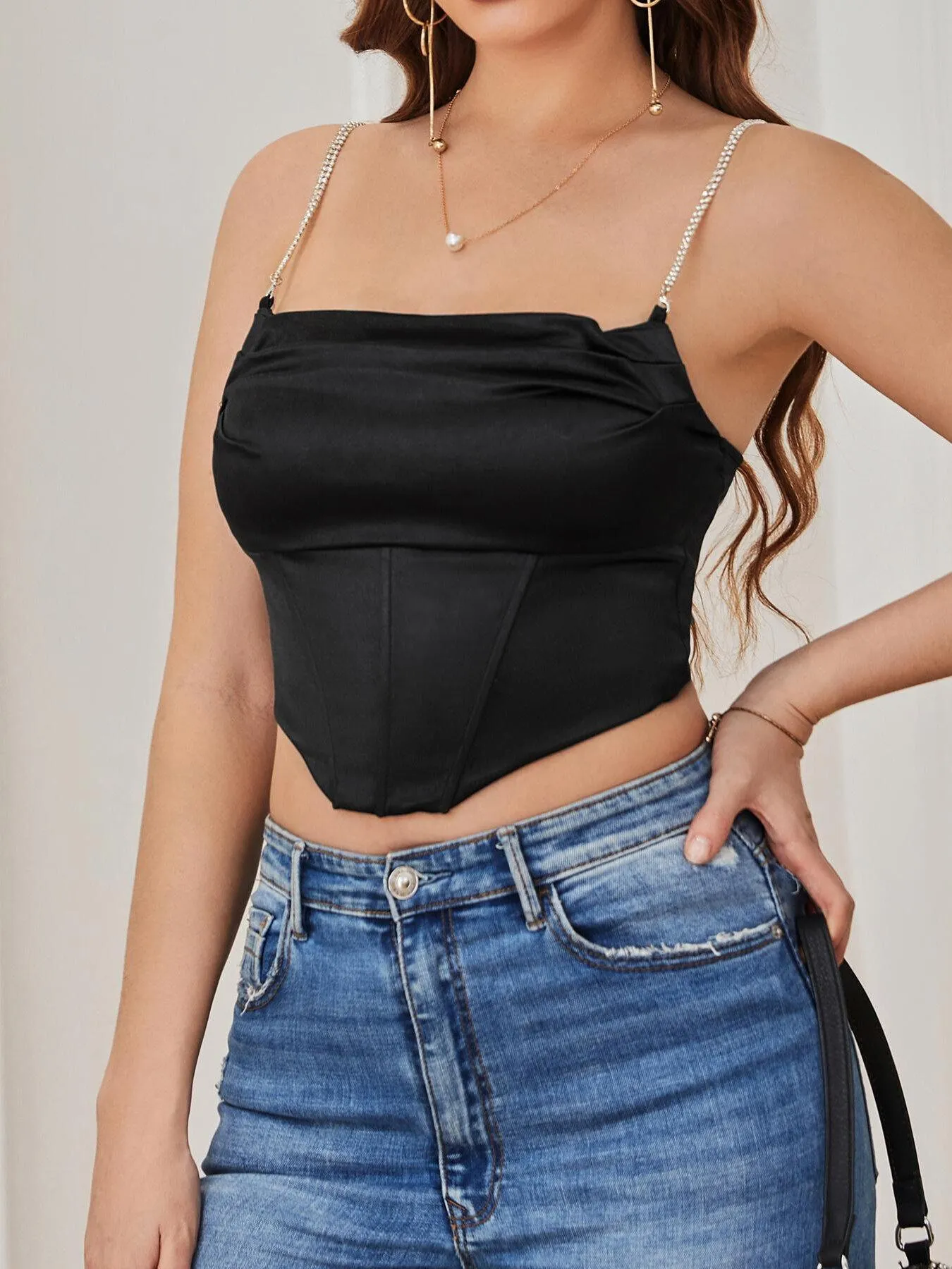Women's Corset Rhinestones Chain Woven Plain Camis Top