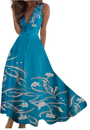 Womens Dresses Flowy Ruched Floral Print Beach Dresses Sleeveless Wrap V Neck Maxi Dress Elegant Sundresses