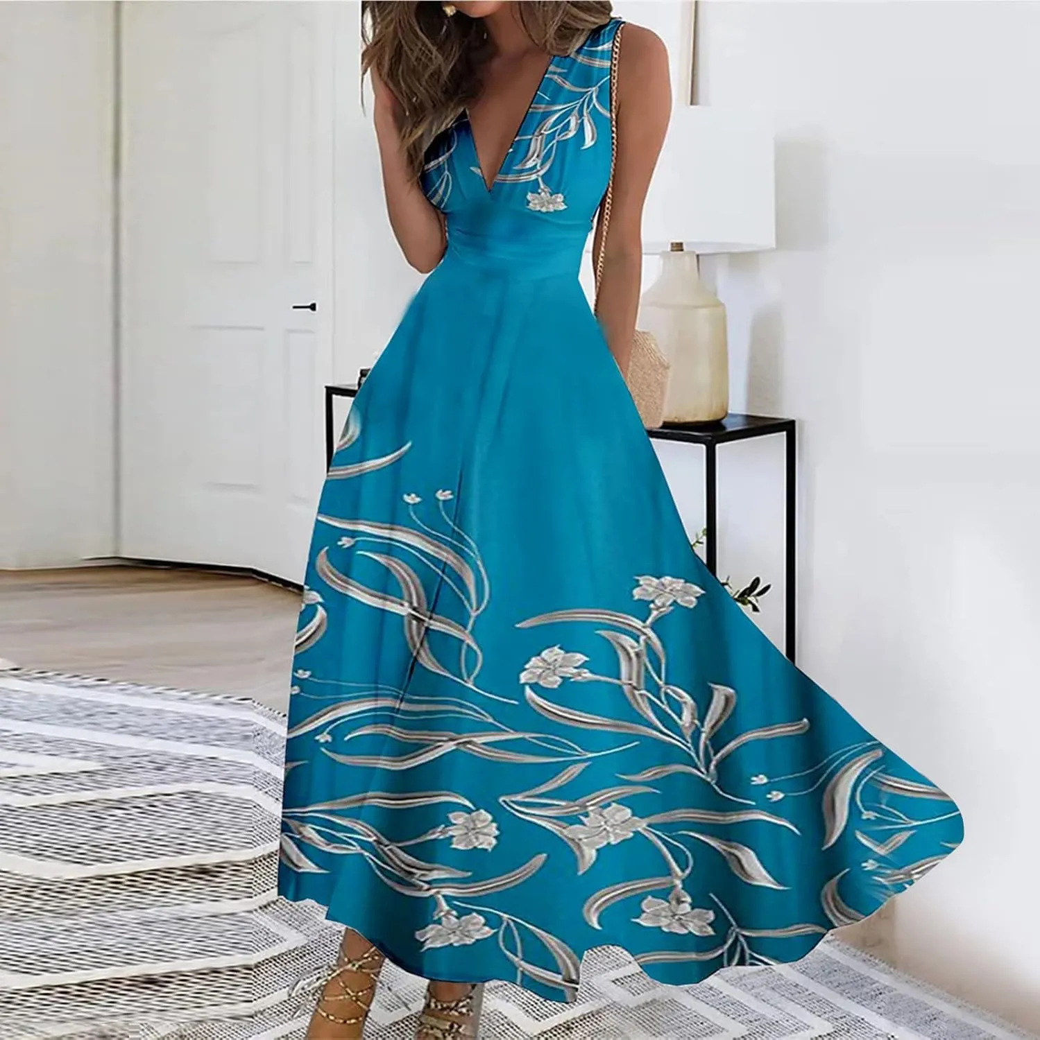 Womens Dresses Flowy Ruched Floral Print Beach Dresses Sleeveless Wrap V Neck Maxi Dress Elegant Sundresses