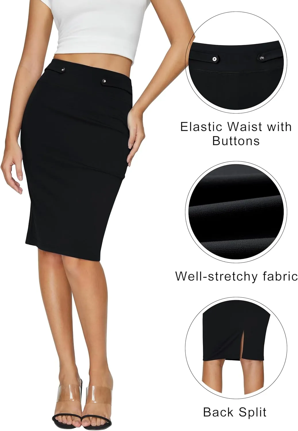 Women's Elastic Waist Stretch Knee Length Midi Pencil Skirt Cute Button Bodycon Work Dress Skirts with Slit