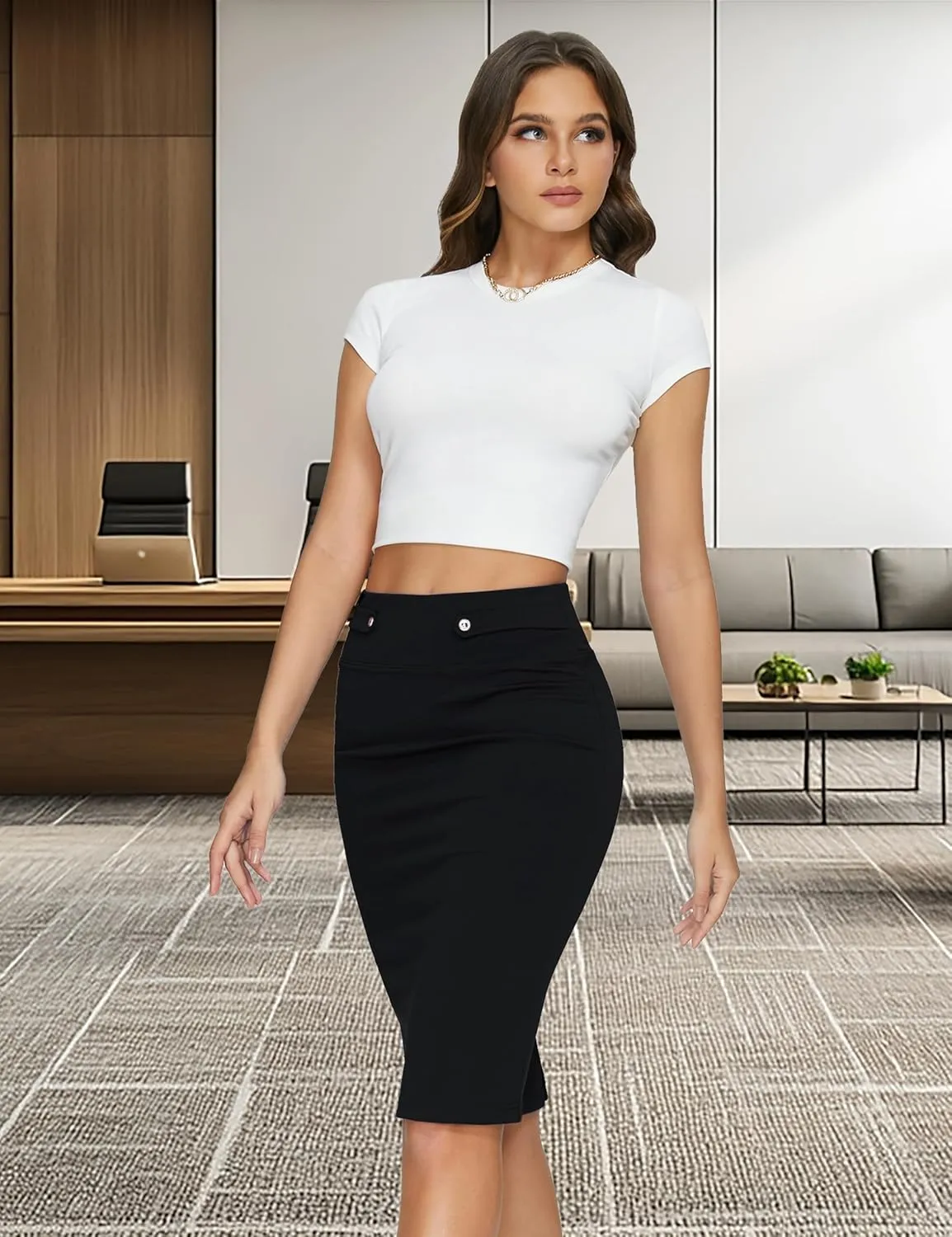 Women's Elastic Waist Stretch Knee Length Midi Pencil Skirt Cute Button Bodycon Work Dress Skirts with Slit