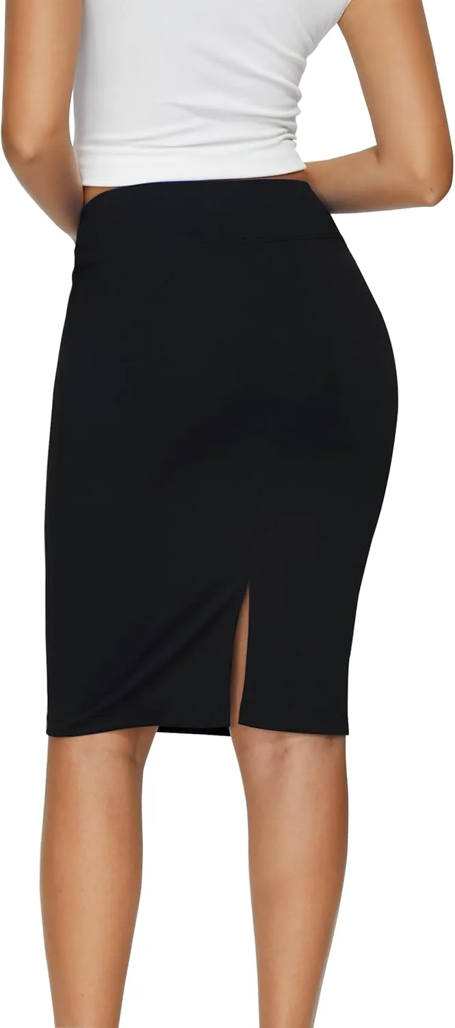 Women's Elastic Waist Stretch Knee Length Midi Pencil Skirt Cute Button Bodycon Work Dress Skirts with Slit