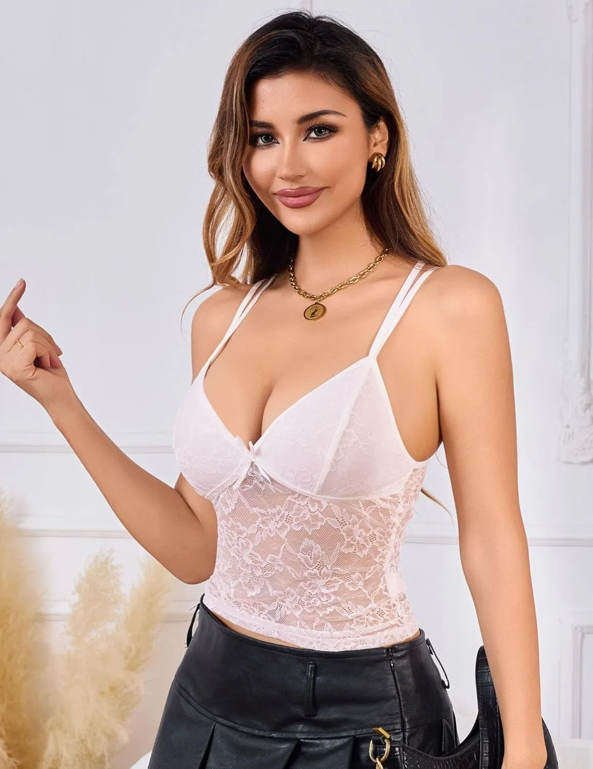 Women's Lace Camisole Slim Fit Y2K Sexy Mesh See Through Tank Top Going Out Top S-XXL