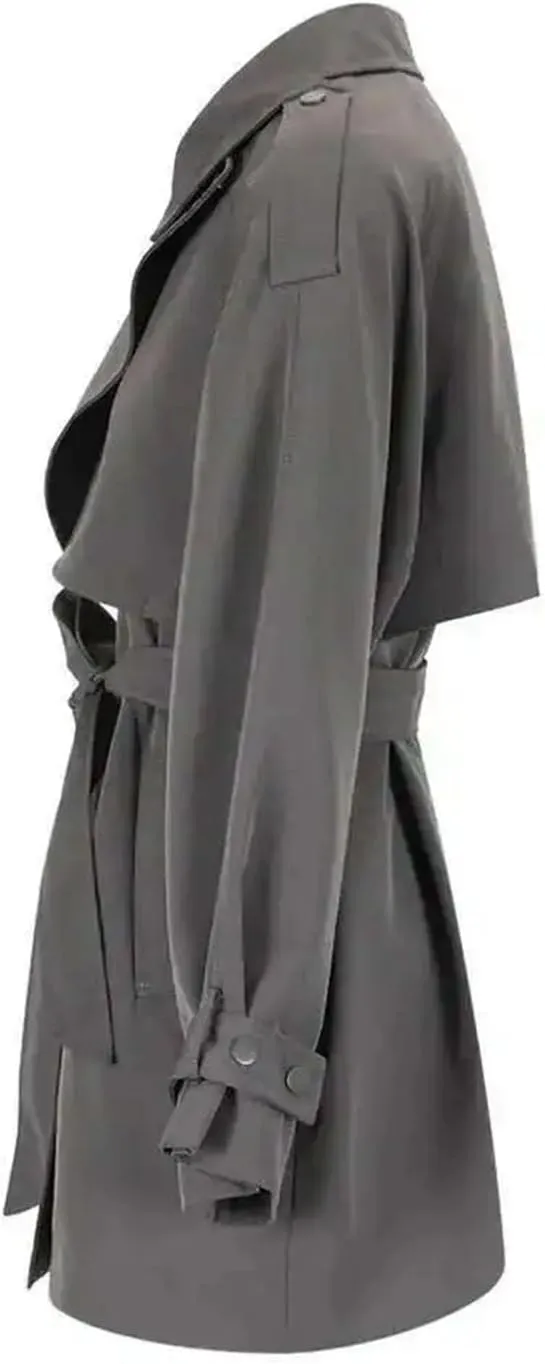 Women's Lapel Long Sleeve Belted Plus Size Trench Windbreaker Coat Adjustable Waist Loose Fit Outerwear