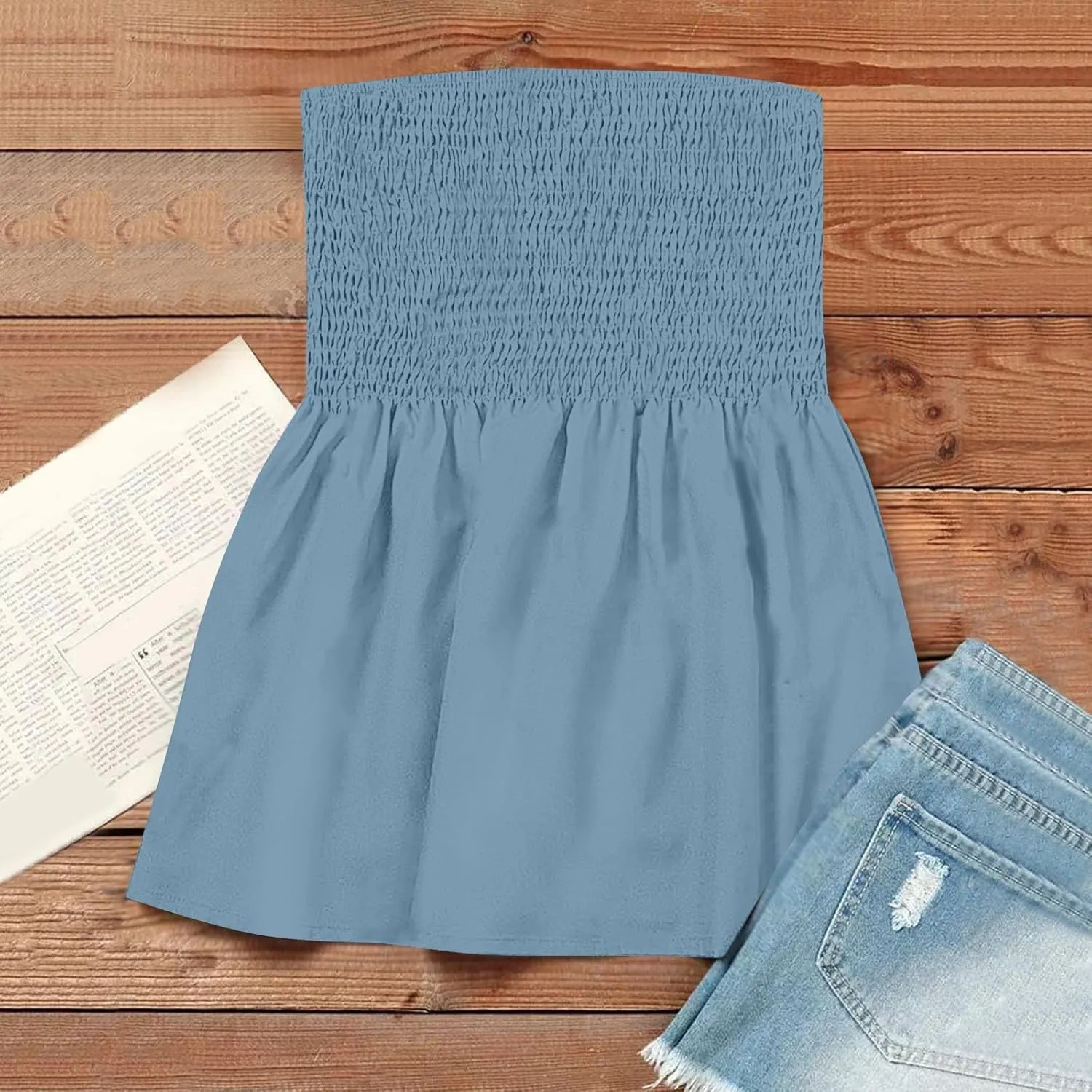 Womens Tube Tops Summer Strapless Bandeau Tank Casual Loose Tunic Sleeveless Shirts Off the Shoulder Flowy Blouses