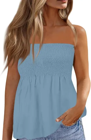 Womens Tube Tops Summer Strapless Bandeau Tank Casual Loose Tunic Sleeveless Shirts Off the Shoulder Flowy Blouses
